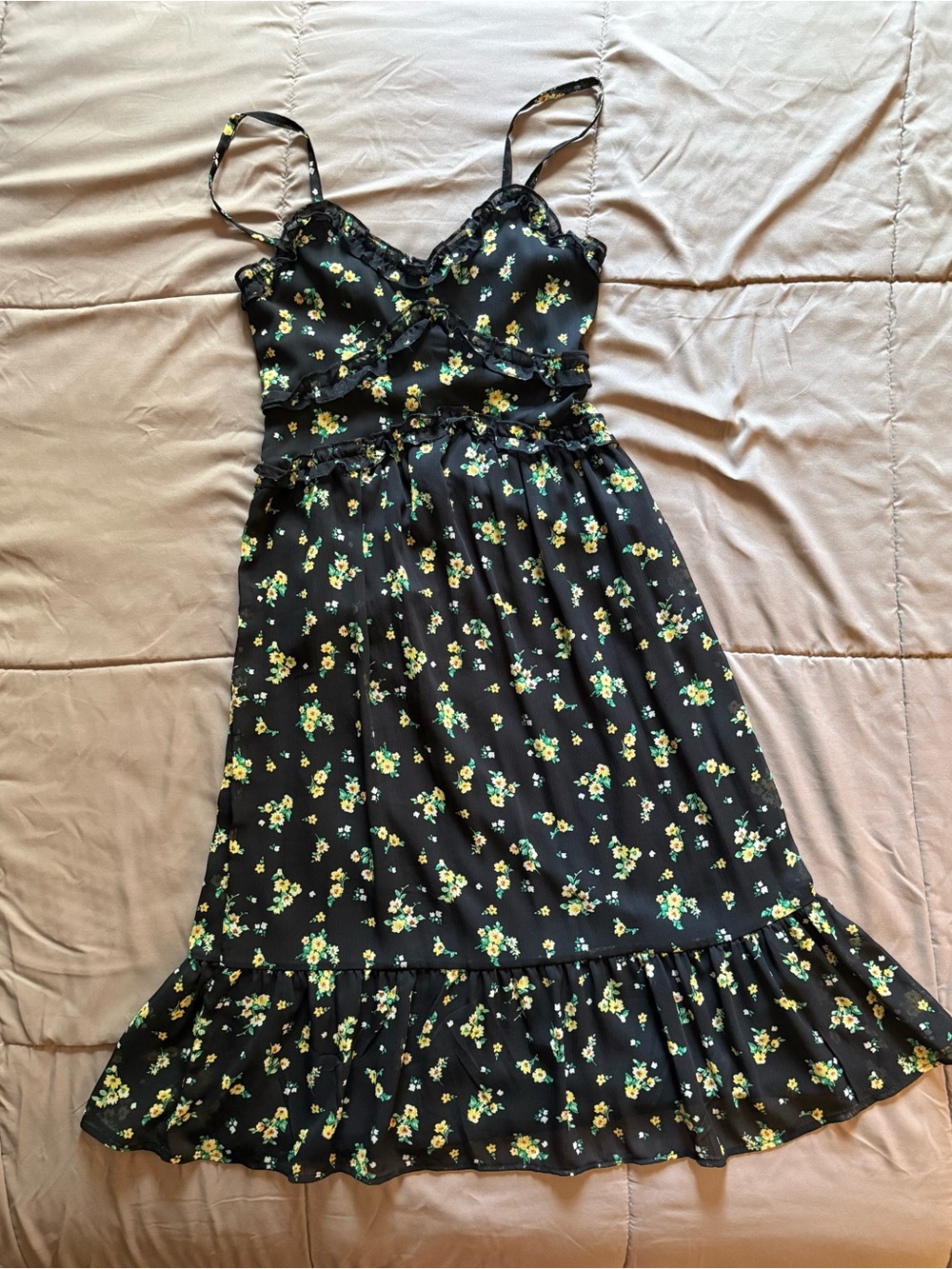 Black Floral Ruffle Summer Dress with Yellow & Green Accents, size XS Like New